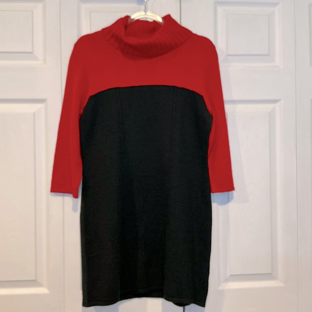 🩷 Elementz Red and Black Turtleneck Sweater Dress - Medium (00821)